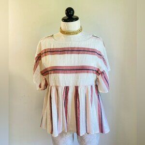 American Eagle Size XS Striped Lightweight Peplum Blouse Pink & White